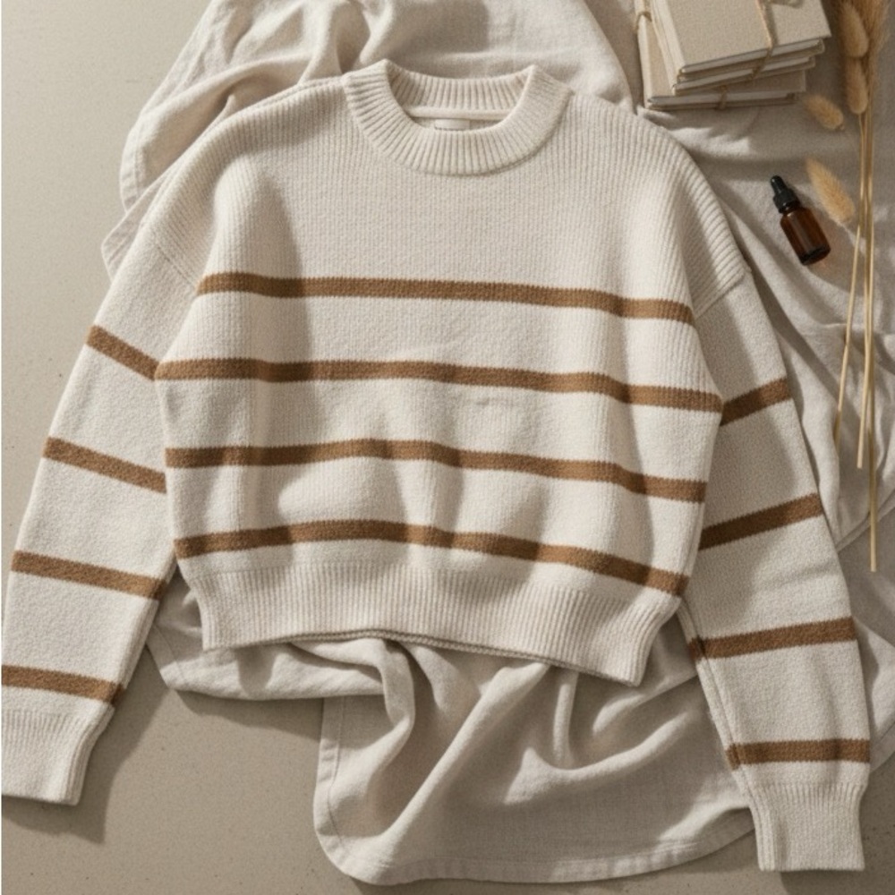 Abercrombie Women’s Striped Cream and Tan Sweater